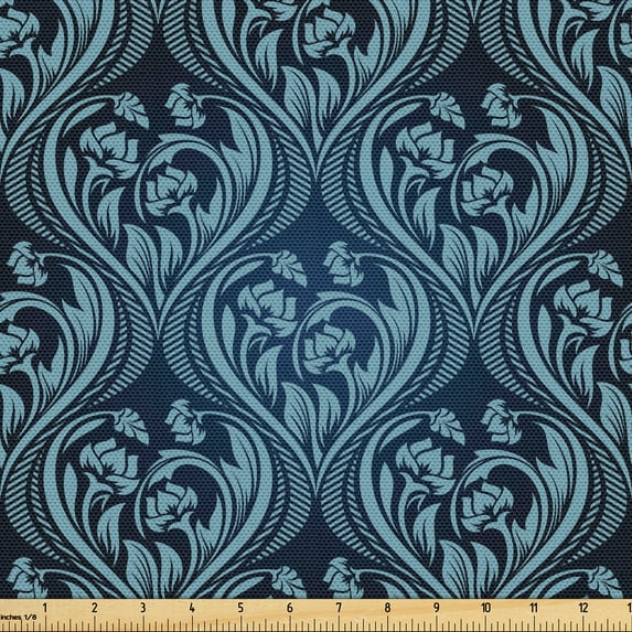 Ambesonne Victorian Fabric by the Yard Upholstery, Blue Ornate Flourish, 10 Yards, Dark Blue and Pale Blue