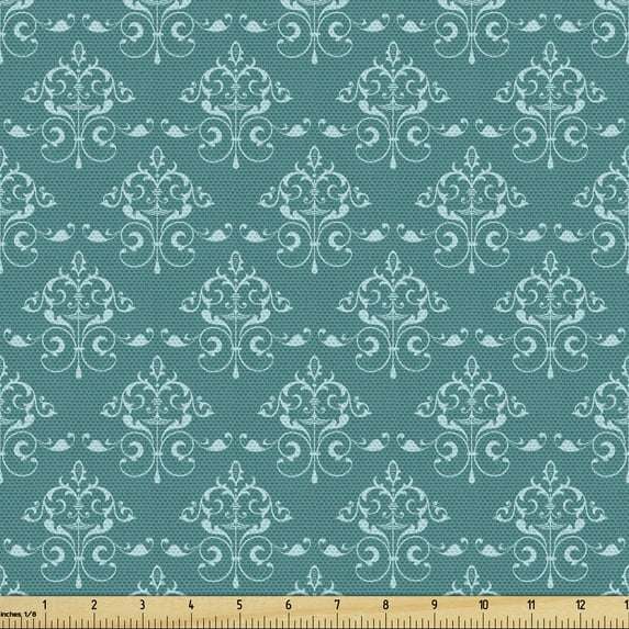 Ambesonne Victorian Fabric by the Yard Upholstery, Curvy Floral Motifs Art, 10 Yards, Teal and Pale Blue