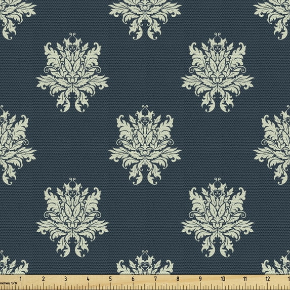 Ambesonne Victorian Fabric by the Yard Upholstery, Damask Swirls Leaves, 1 Yard, Dark Blue Pale Green