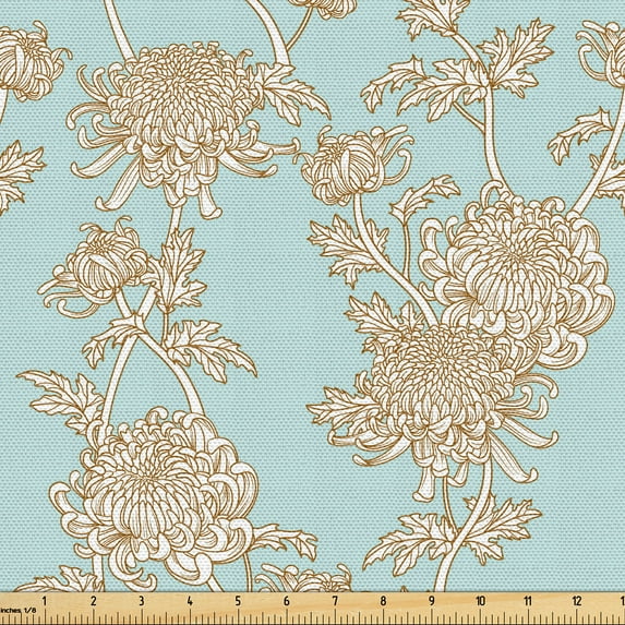 Ambesonne Victorian Fabric by the Yard Upholstery, Flowers Chrysanthemum Art, 3 Yards, Pale Seafoam Ivory Dusk