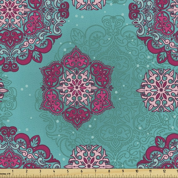 Ambesonne Victorian Fabric by the Yard Upholstery, Medieval Floral Ornaments, 2 Yards, Pale Pink Turquoise