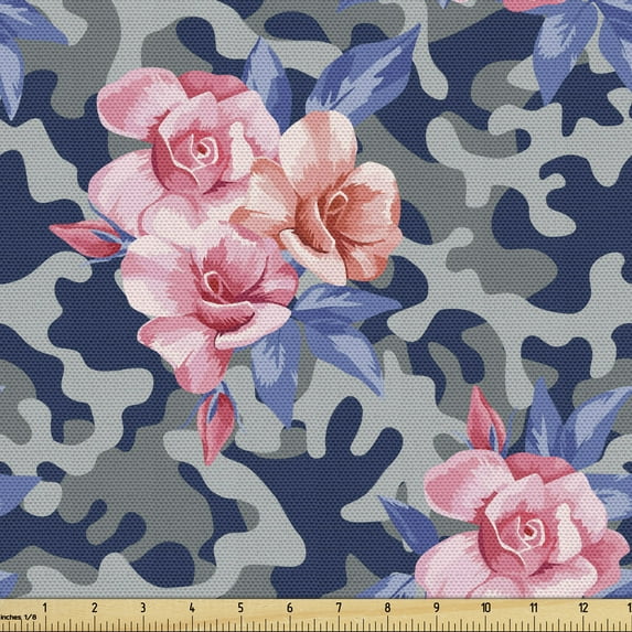 Ambesonne Victorian Fabric by the Yard Upholstery, Pink Roses Retro Camo, 5 Yards, Violet Blue Sage Green