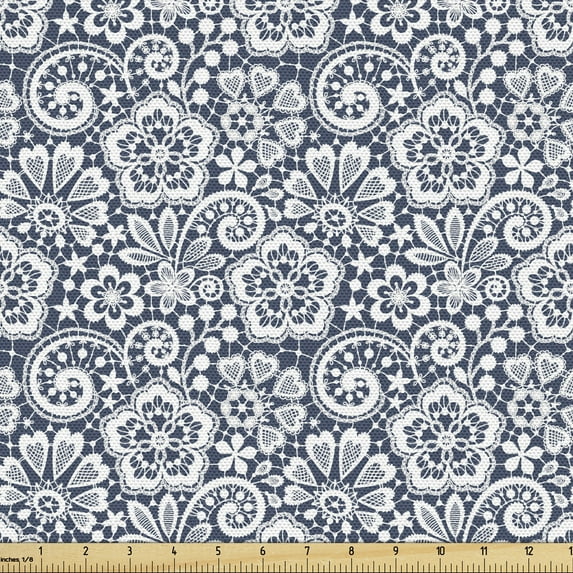 Ambesonne Victorian Fabric by the Yard Upholstery, Retro Flower Petals Motif, 2 Yards, Dark Slate Blue and White