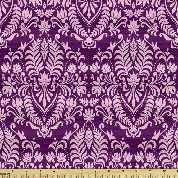 Ambesonne Victorian Fabric by the Yard Upholstery, Scrolling Damask Rococo, 10 Yards, Purple Pale Pink
