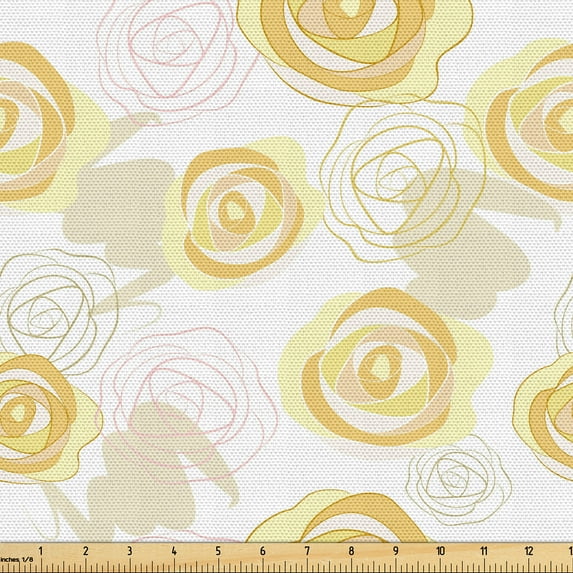 Ambesonne Victorian Fabric by the Yard Upholstery, Surreal Flower Drawings, 3 Yards, Pastel Yellow and Mustard