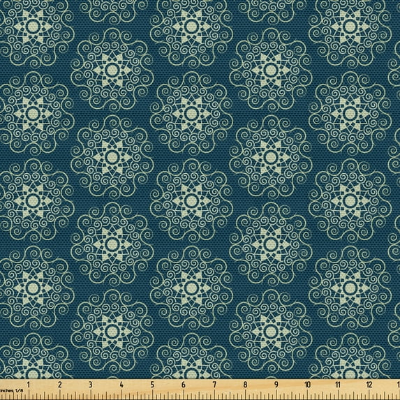 Ambesonne Victorian Fabric by the Yard Upholstery, Vintage Geometric Swirls, 10 Yards, Dark Teal and Pale Green