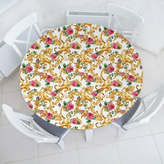 Ambesonne Victorian Fitted Round Tablecloth, Vintage Vibes Crane Birds, 45"- 56" Diameter, Earth Yellow Green and Pink