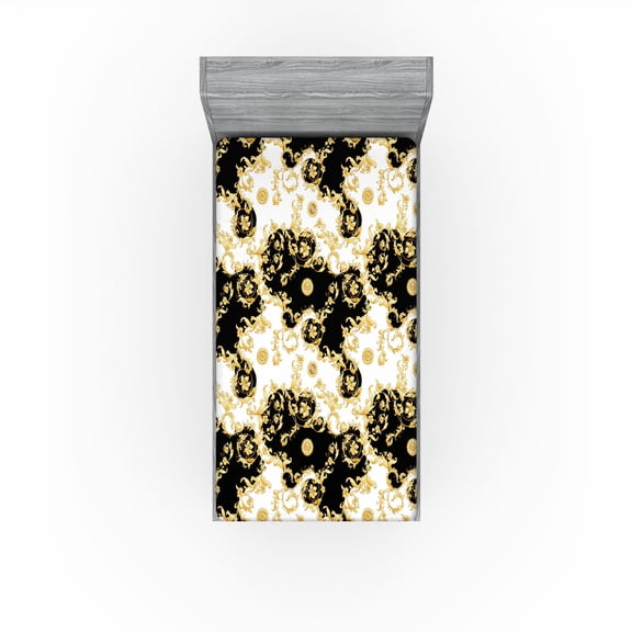 Ambesonne Victorian Fitted Sheet, Baroque Curlicue Floral, Twin Size, Mustard Black and White