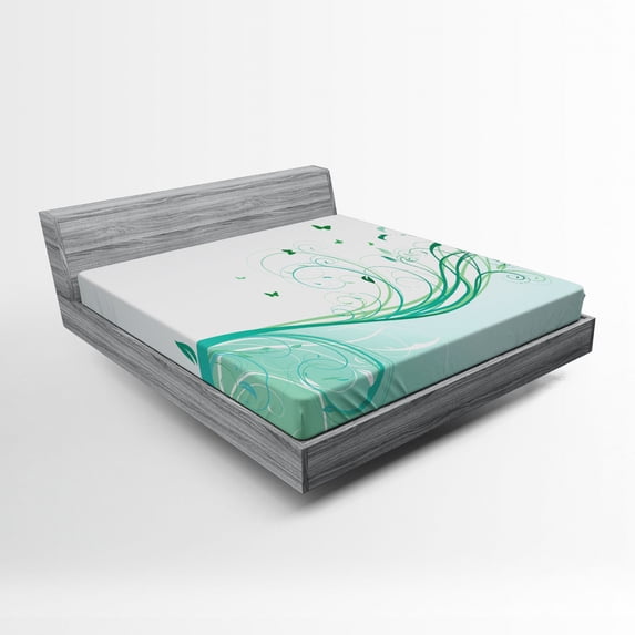 Ambesonne Victorian Fitted Sheet, Curvy Lines Wave Flowers, Queen Size, Pale Green Mint Green