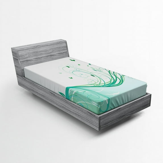 Ambesonne Victorian Fitted Sheet, Curvy Lines Wave Flowers, Twin Size, Pale Green Mint Green