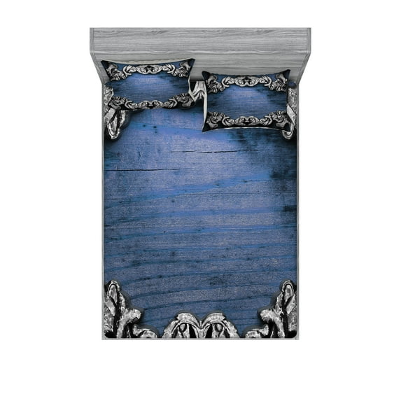 Ambesonne Victorian Fitted Sheet & Pillow Sham Set, Gothic Iron Ornament, Calking, Dark Blue Grey