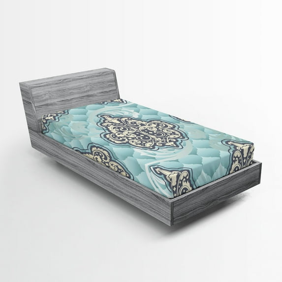 Ambesonne Victorian Fitted Sheet, Rococo Era Designs, Twin XL Size, Pale Blue Ivory