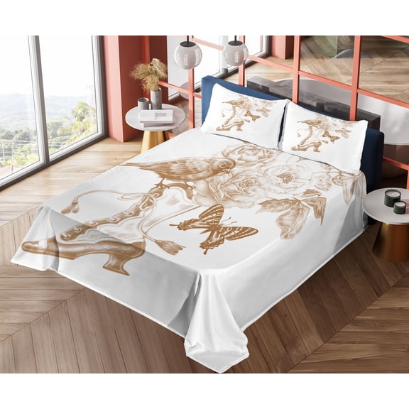 Ambesonne Victorian Fitted & Top Sheet Set with Shams, Nostalgic Butterflies, Brown White