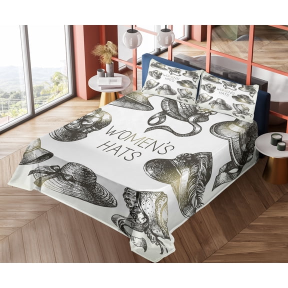 Ambesonne Victorian Fitted & Top Sheet Set with Shams, Vintage Woman Hats, Emerald