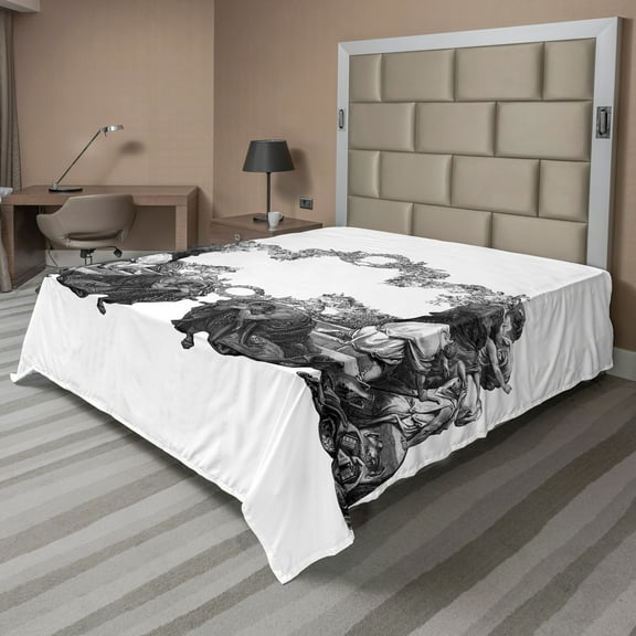 Ambesonne Victorian Flat Sheet, Antique Floral Arch, California King, Black White