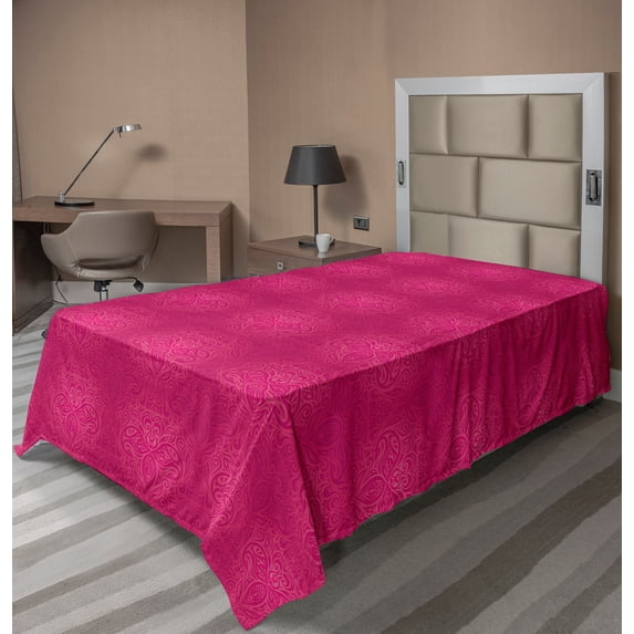 Ambesonne Victorian Flat Sheet, Monotone Floral Swirls, Twin Size, Magenta Hot Pink