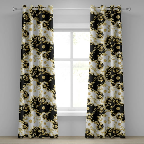 Ambesonne Victorian Grommet Curtain, Baroque Curlicue Floral, 50"x120", Mustard Black and White