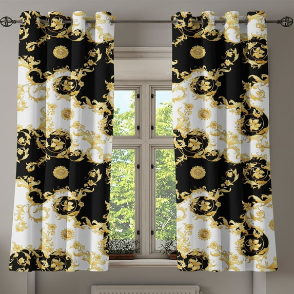 Ambesonne Victorian Grommet Curtain, Baroque Curlicue Floral, 50"x63", Mustard Black and White