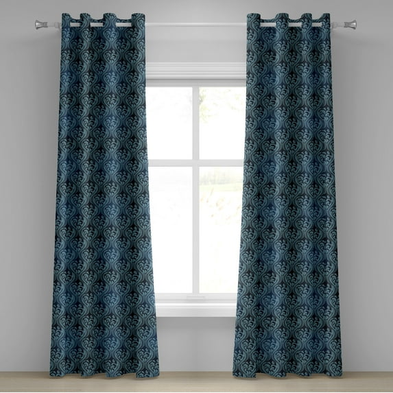 Ambesonne Victorian Grommet Curtain, Blue Ornate Flourish, 50" x 84", Dark Blue and Pale Blue