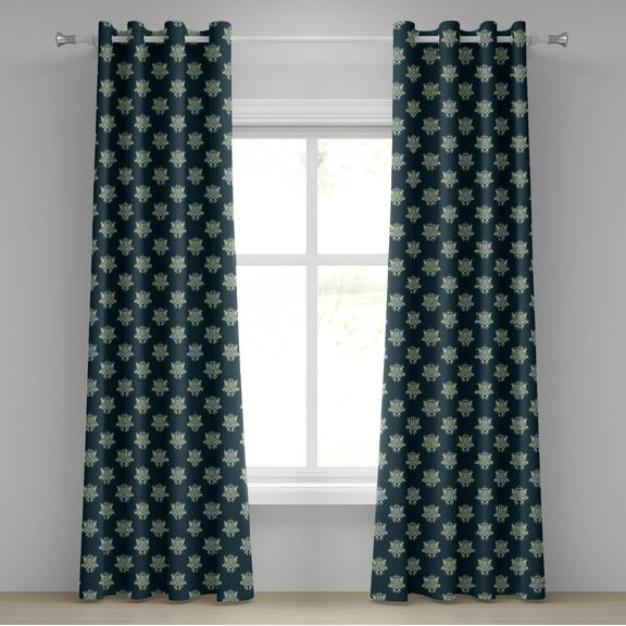 Ambesonne Victorian Grommet Curtain, Damask Swirls Leaves, 50" x 84", Dark Blue Pale Green
