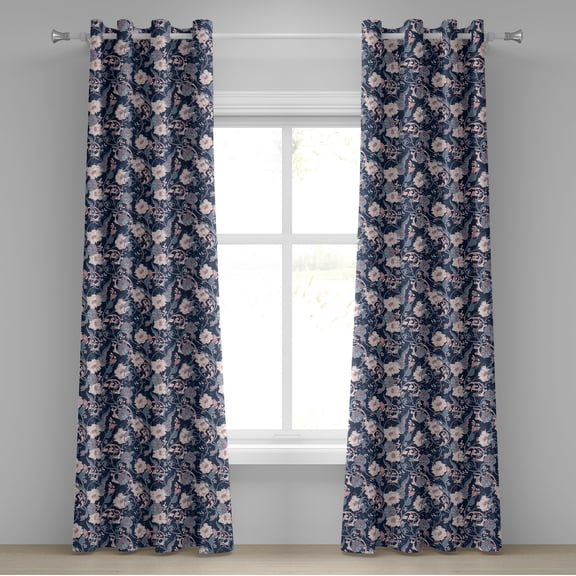 Ambesonne Victorian Grommet Curtain, Magnolia and Roses, 50" x 120", Dark Blue Pale Pink