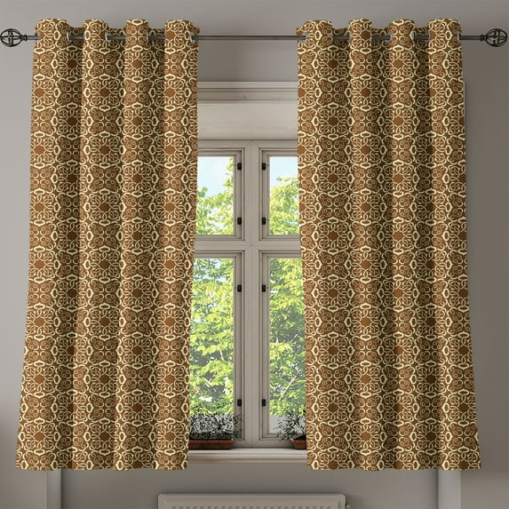Ambesonne Victorian Grommet Curtain, Ornate Swirls Curves, 50" x 54", Brown Pale Yellow