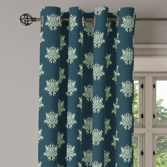 Ambesonne Victorian Grommet Curtain Single Panel, Damask Swirls Leaves, 50"x60", Dark Blue Pale Green