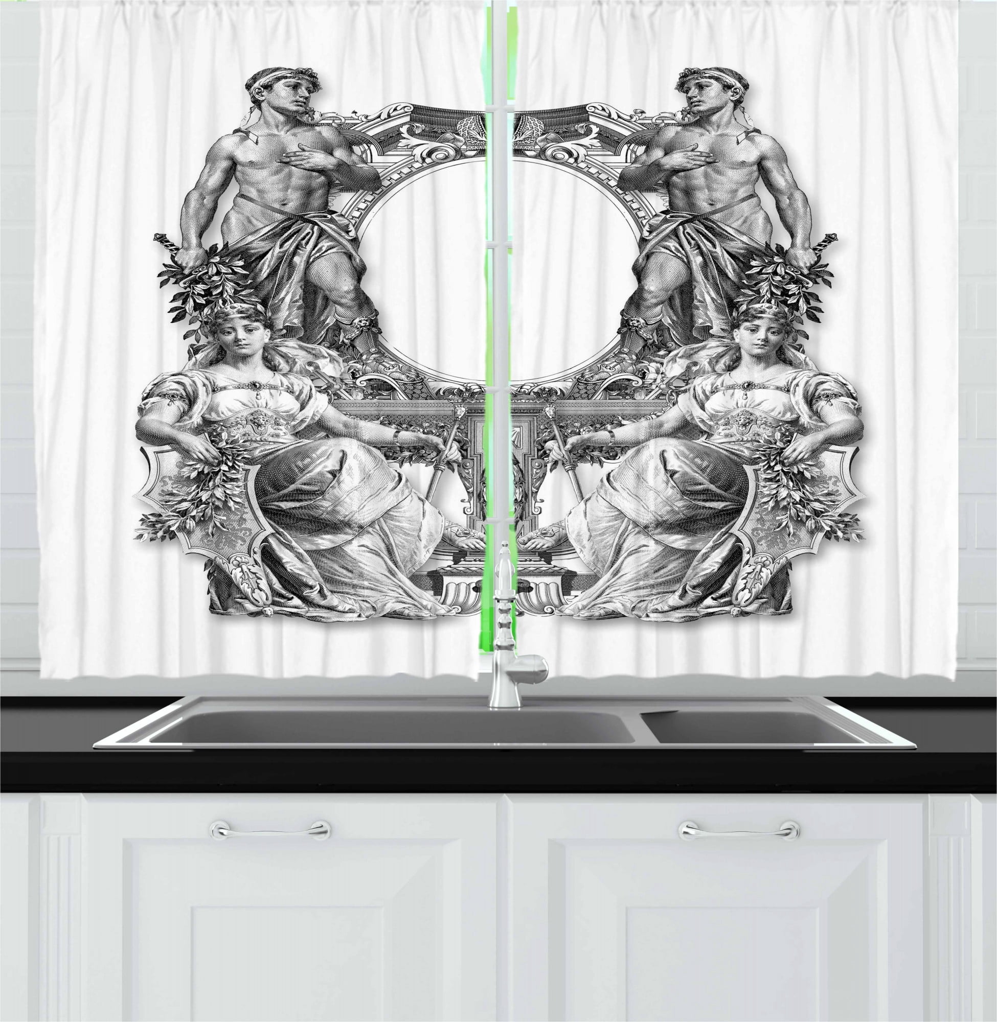 Ambesonne Victorian Kitchen Curtains, Baroque Crown, 55"x45", Black