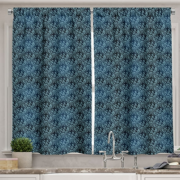 Ambesonne Victorian Kitchen Curtains, Blue Ornate Flourish, 55"x45", Dark Blue and Pale Blue