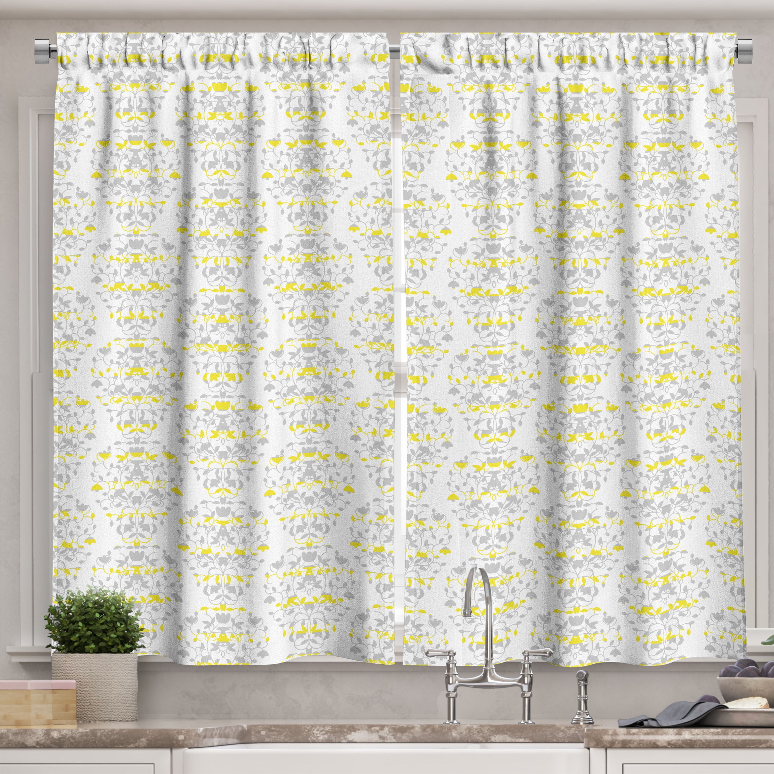 Ambesonne Victorian Kitchen Curtains, Flowers Leaf Swirl, 55"x39", Pale
