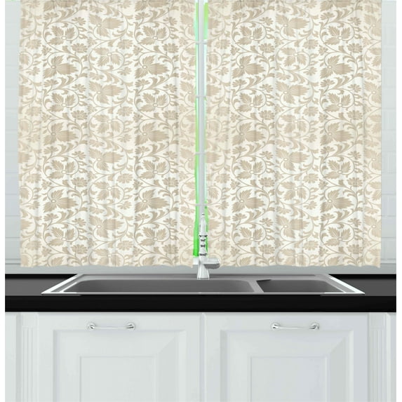 Ambesonne Victorian Kitchen Curtains, Retro Swirl Flowers, 55"x39", Beige White