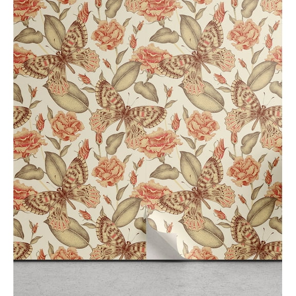 Ambesonne Victorian Peel & Stick Wallpaper for Home, Butterfly Rose Vintage, 13"x72", Pale Rust and Sand Brown