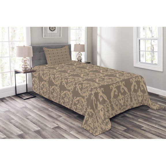 Ambesonne Victorian Quilted Bedspread Set 2 Pcs, Flora Baroque Classy, Twin Size, Warm Taupe and Sand Brown