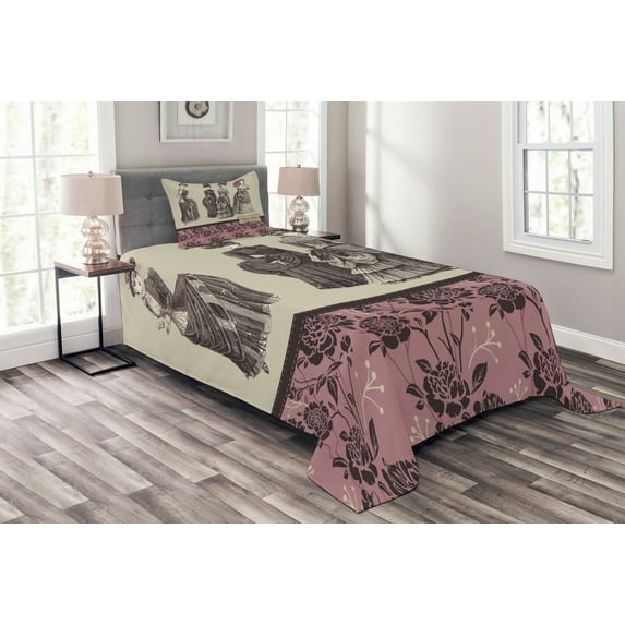 Ambesonne Victorian Quilted Bedspread Set 2 Pcs, Women Fashion Handbag, Twin Size, Grey Rose