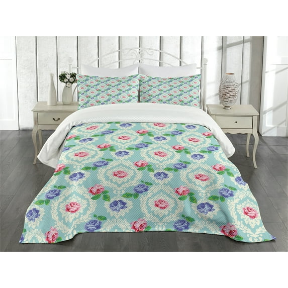Ambesonne Victorian Quilted Bedspread Set 3 Pcs, Baroque Colored Roses, King Size, Multicolor