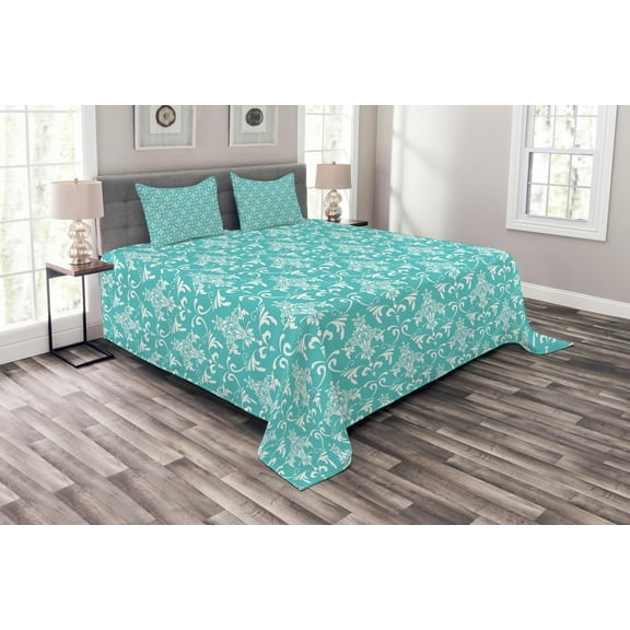 Ambesonne Victorian Quilted Bedspread Set 3 Pcs, Classic Old Floral Motif, Queen Size, Seafoam White