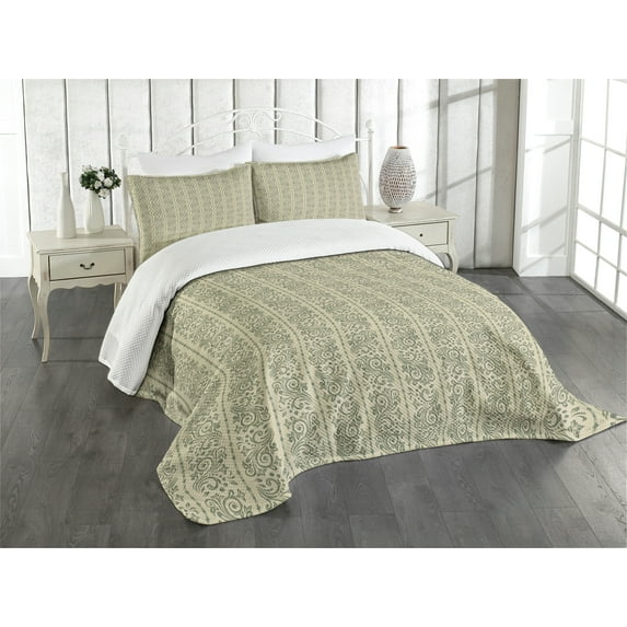 Ambesonne Victorian Quilted Bedspread Set 3 Pcs, Flora Damask Rococo Motif, Queen Size, Grey Yellow Sage Green