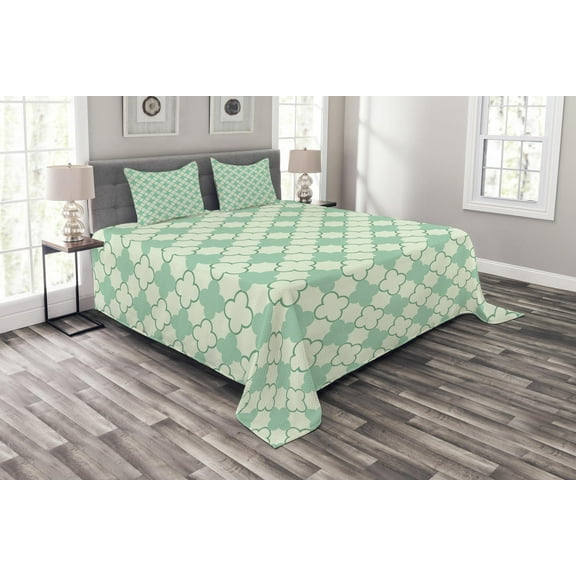 Ambesonne Victorian Quilted Bedspread Set 3 Pcs, Floral Motif Feminine, King Size, Mint Emerald Pale Green