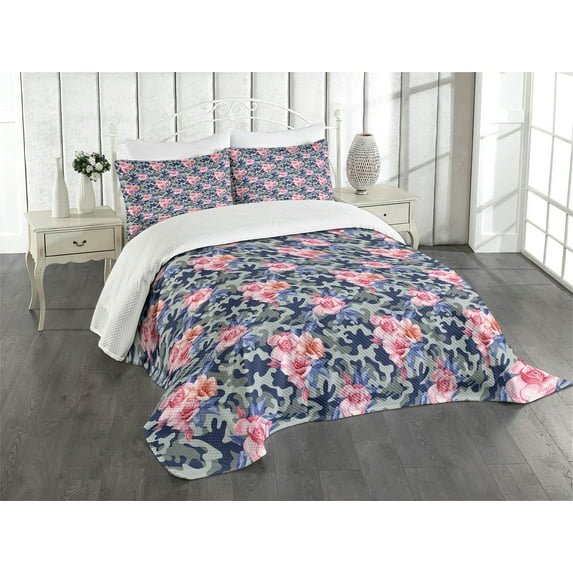 Ambesonne Victorian Quilted Bedspread Set 3 Pcs, Pink Roses Retro Camo, Queen Size, Violet Blue Sage Green