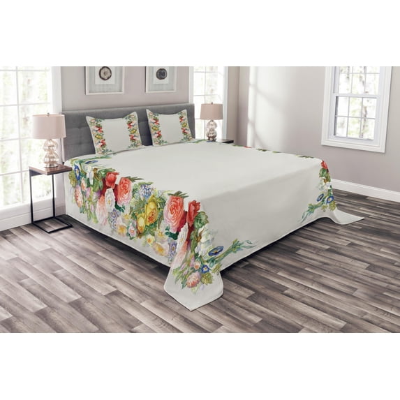 Ambesonne Victorian Quilted Bedspread Set 3 Pcs, Rose Garland Pastel, King Size, Red Yellow Green