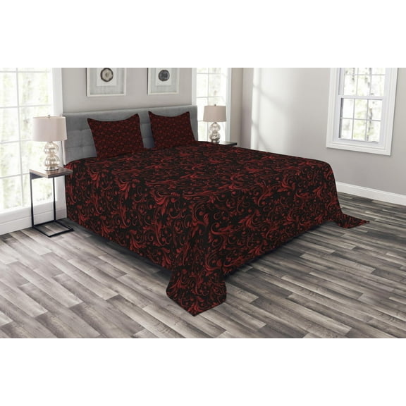 Ambesonne Victorian Quilted Bedspread Set 3 Pcs, Vintage Curlicue Forms, King Size, Charcoal Grey and Ruby