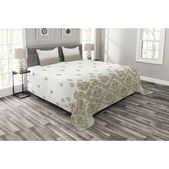 Ambesonne Victorian Quilted Bedspread Set 3 Pcs, Vintage Romantic Art, Queen Size, Brown Grey White