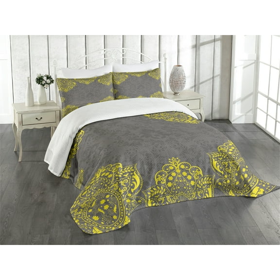 Ambesonne Victorian Quilted Bedspread Set 3 Pcs, Yellow Grey Florals, Queen Size, Grey Yellow