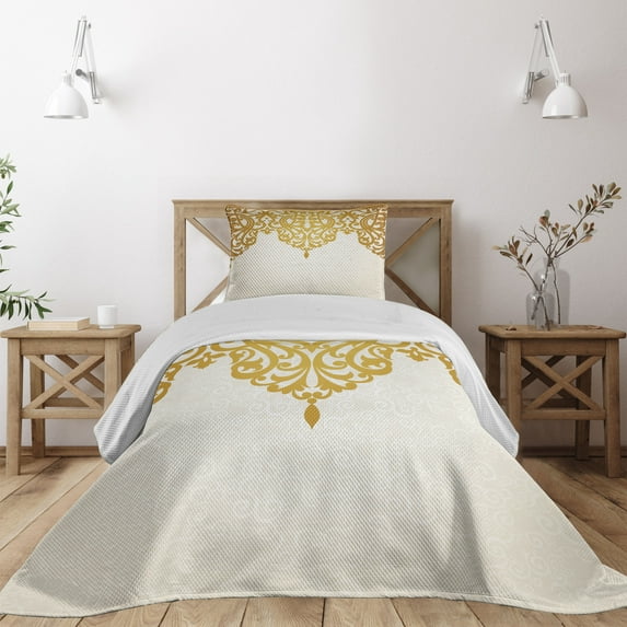 Ambesonne Victorian Quilted Coverlet 2 Pcs, Medieval Baroque Art, Twin Size, Pale Brown Cream