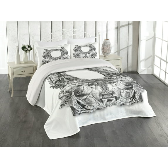 Ambesonne Victorian Quilted Coverlet 3 Pcs, Baroque Crown, King Size, Black White