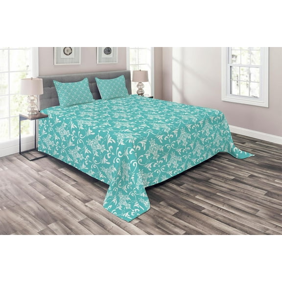 Ambesonne Victorian Quilted Coverlet 3 Pcs, Classic Old Floral Motif, King Size, Seafoam White