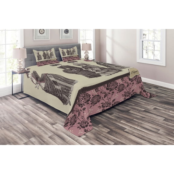 Ambesonne Victorian Quilted Coverlet 3 Pcs, Women Fashion Handbag, Queen Size, Grey Rose