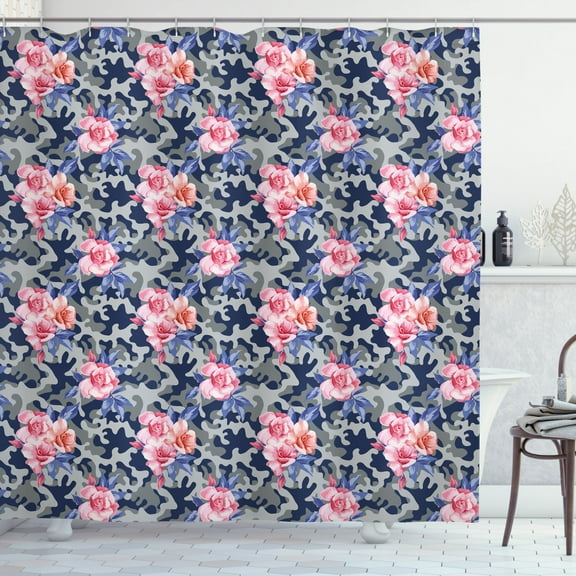Ambesonne Victorian Shower Curtain, Pink Roses Retro Camo, 69"Wx70"L, Violet Blue Sage Green