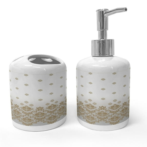 Ambesonne Victorian Soap Dispenser & Toothbrush Holder Set, Vintage Romantic Art, 2 Pcs, Brown Grey White