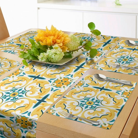 Ambesonne Victorian Table Runner & Placemats, Botanical Swirling Motif, Placemat 4 pcs + Runner 14"x90", Mustard Multicolor